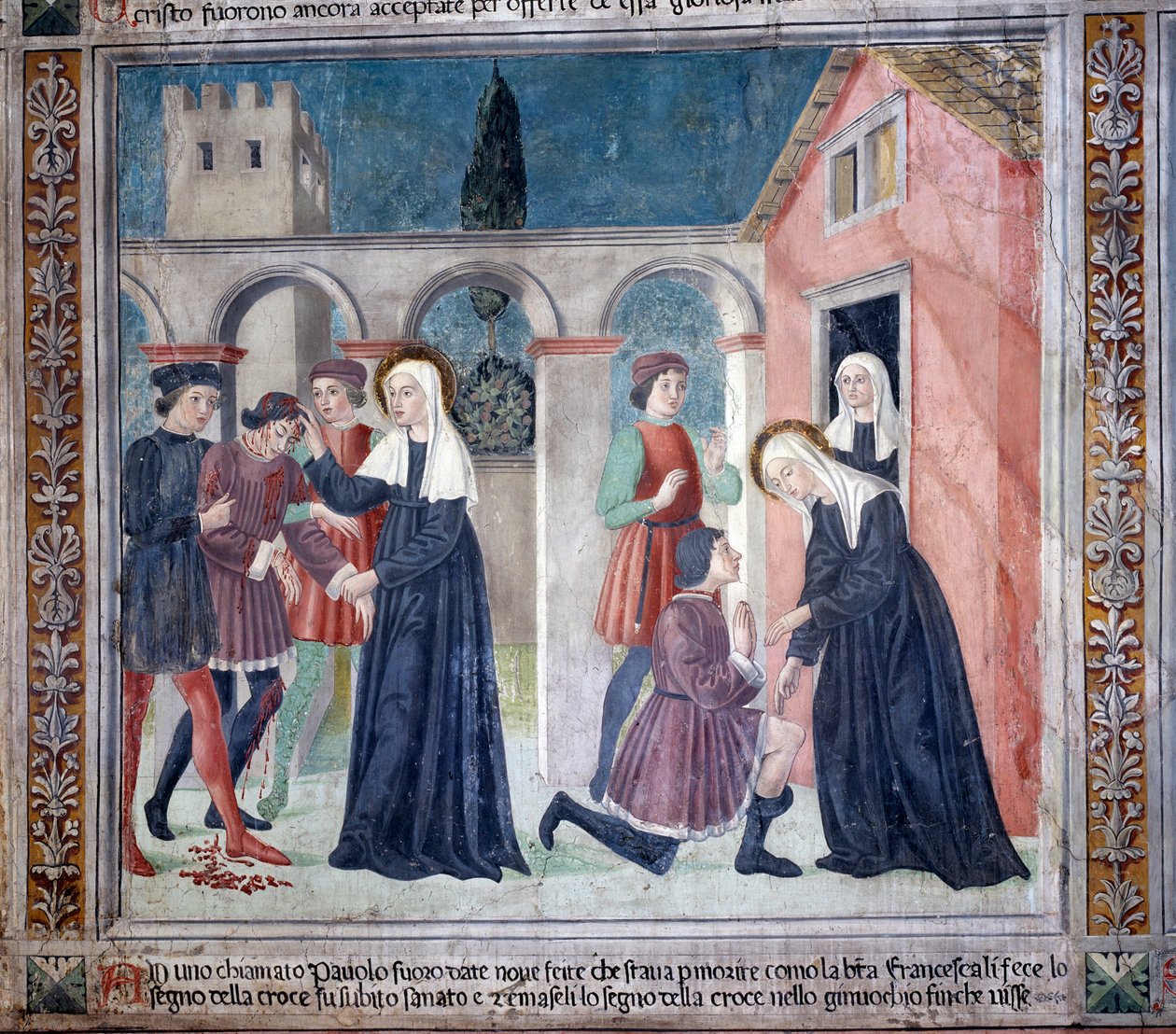 Život svaté Francesky Romany: Světec uzdravuje zraněného muže (Fresco od Antoniazzo Romano
