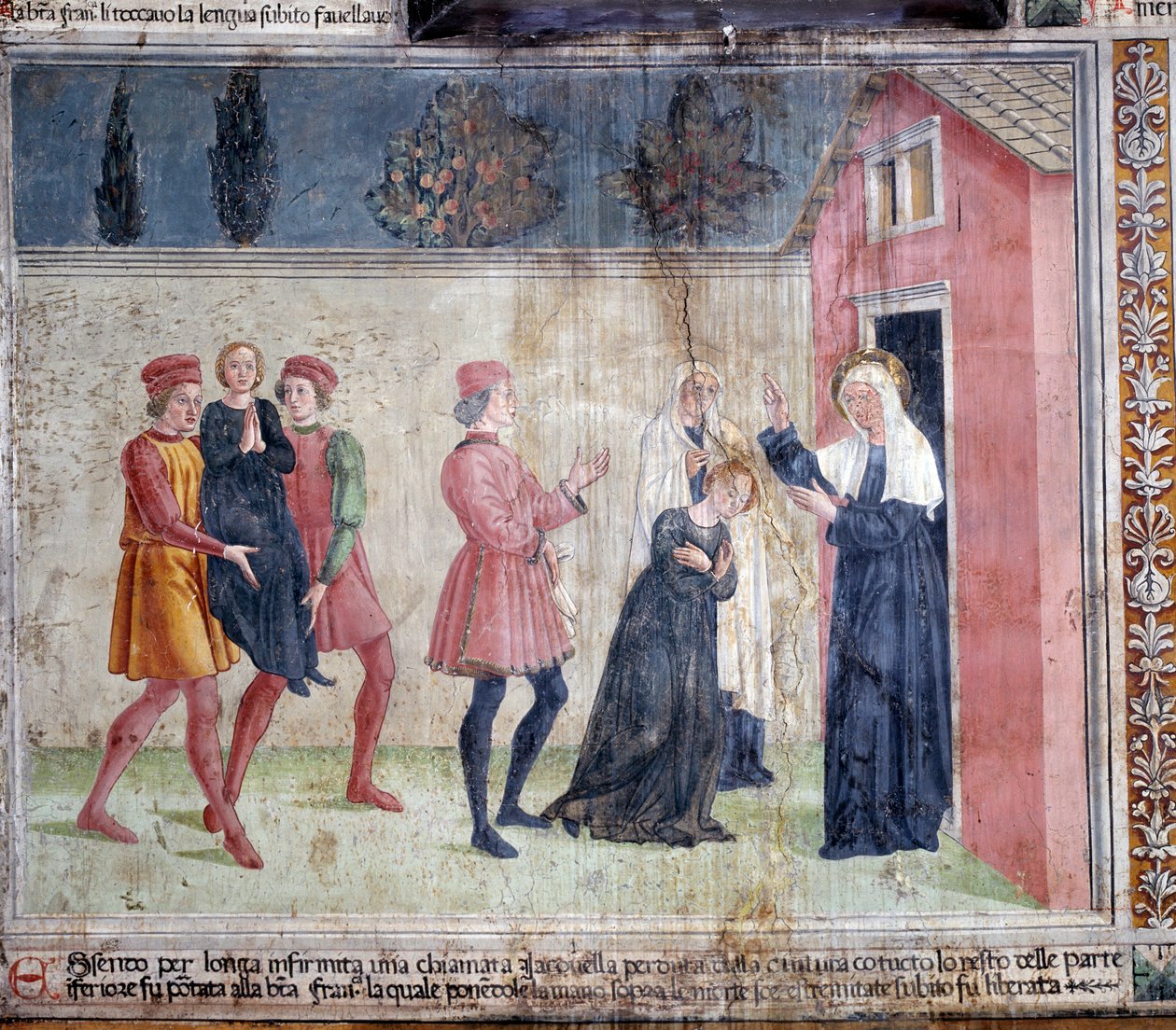Život svaté Francescy Romany: Světice potkává ochrnutou ženu Jacobellu a slibuje, že ji uzdraví (Fresco od Antoniazzo Romano