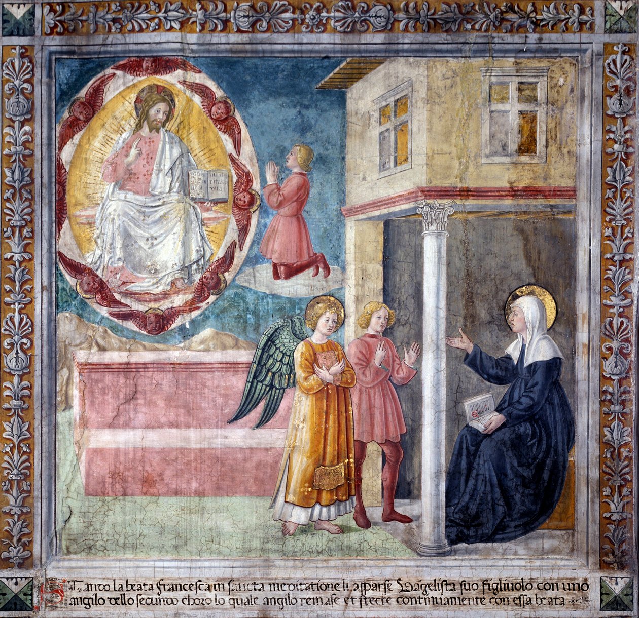 Život svaté Francesky Romany: Syn světice zabitý dýmějovým morem se jí zjevuje s andělem (Fresco od Antoniazzo Romano