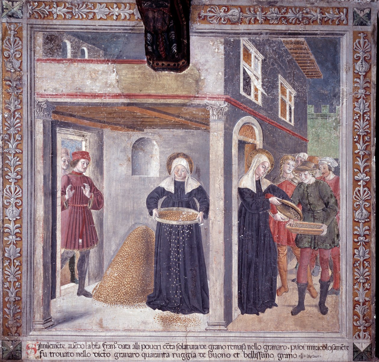 Život svaté Francescy Romany: během vážného hladomoru v roce 1402 dává Francesca všechno své obilí chudým (Fresco od Antoniazzo Romano