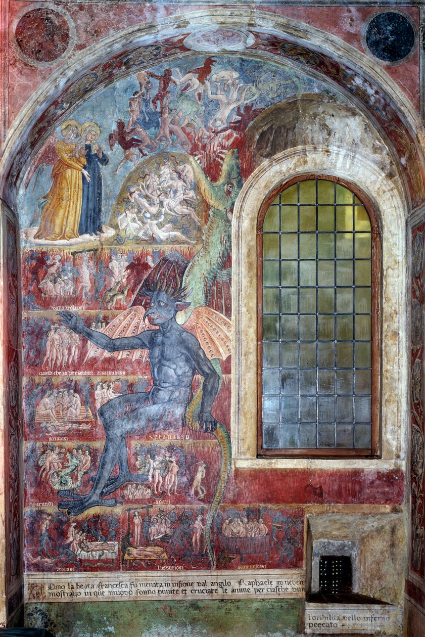Reprezentace pekla, ďábel sedí mezi různými kruhy zatracených (Fresco od Antoniazzo Romano
