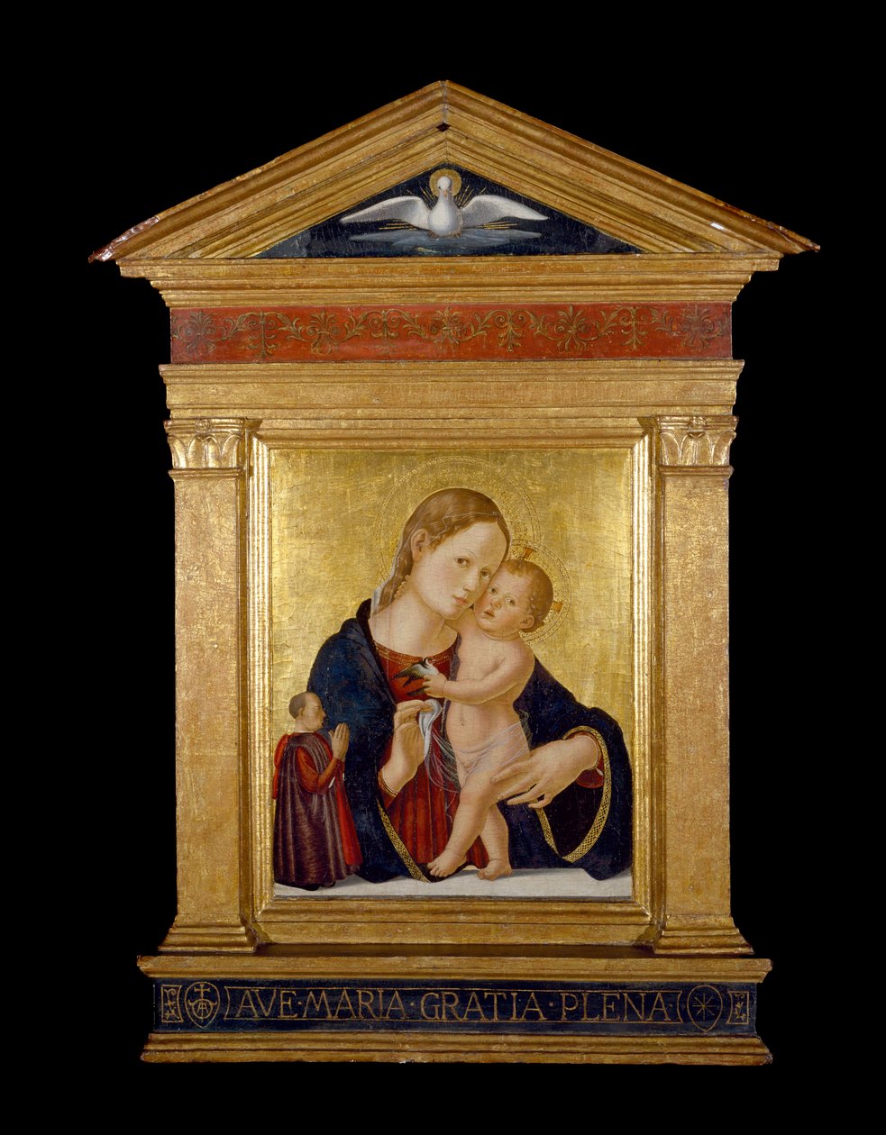 Panna a dítě s dárcem, cca 1480 (tempera a plátkové zlato na panelu) od Antoniazzo Romano