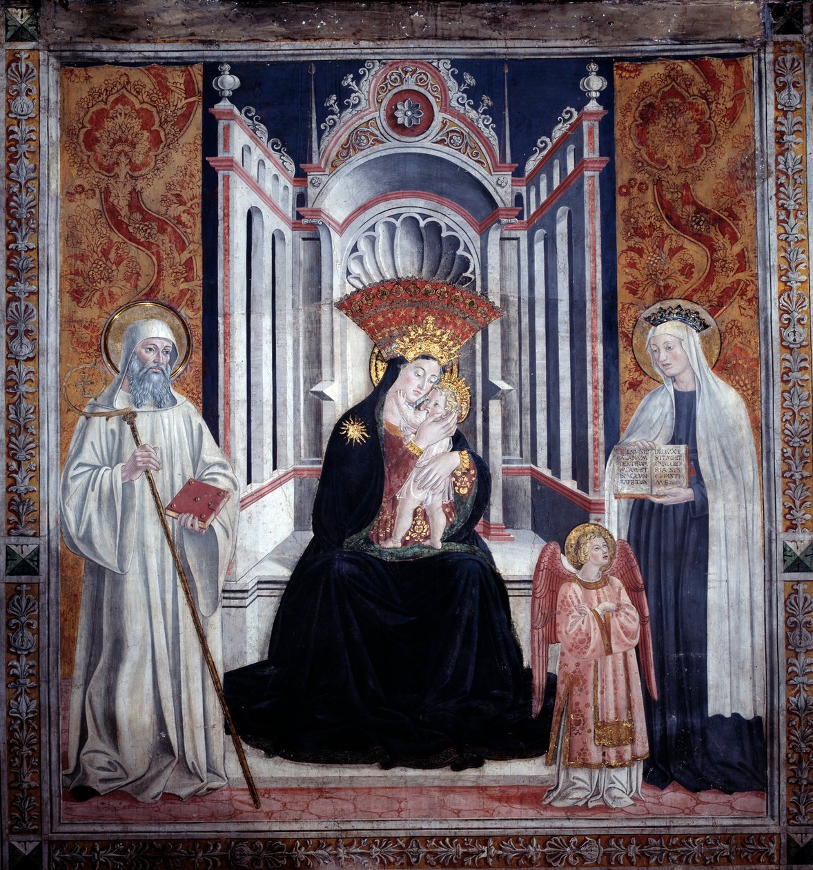 Panna mezi svatým Benediktem a svatou Francescou Romanou (Freska od Antoniazzo Romano