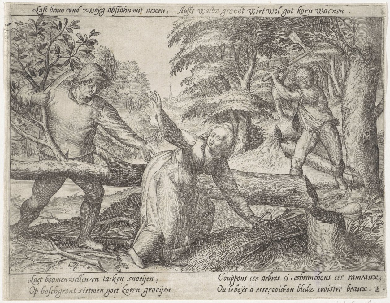 Vyklízení lesa Pěstování obilí (název série) od Antonie Wierix (II) (possibly)
