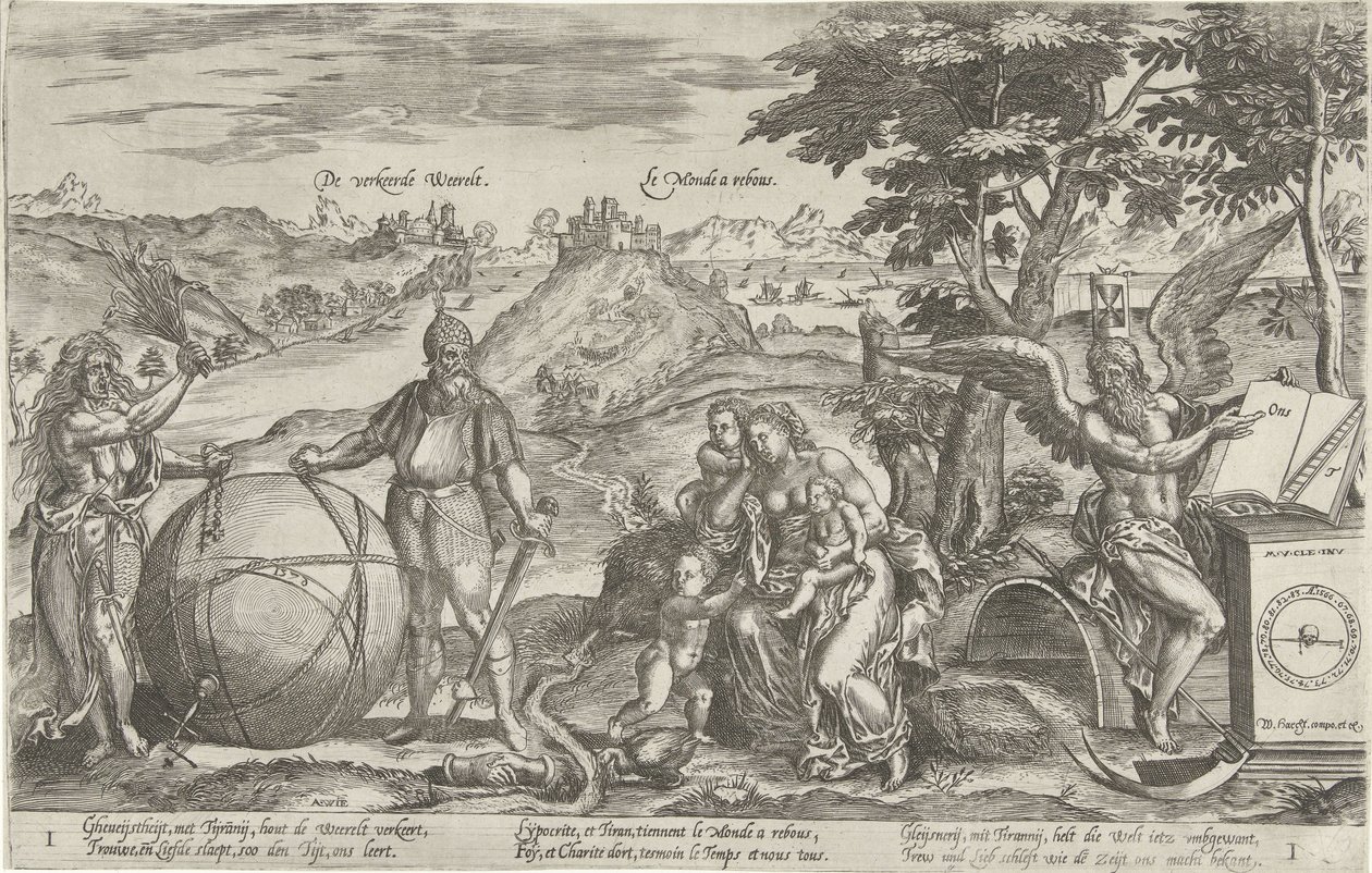 Špatný svět, 1579 Špatný Weerelt / Le Monde a rebous (název na objektu) Alegorie politické situace v Nizozemsku v letech 1576-1579 (název série) od Antonie Wierix (II)