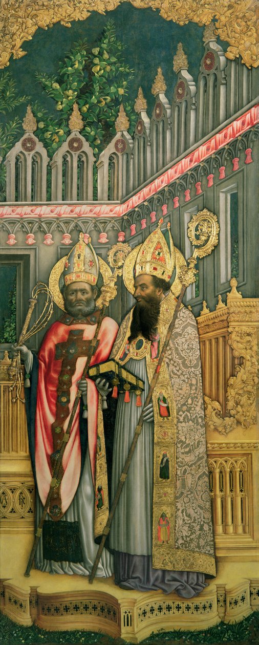 Svatý Ambrož a sv. Augustin, pravý panel z Panny Marie na trůnu se svatými Jeronýmem, Řehořem, Ambrožem a Augustinem, 1446 (po restaurování) (viz 160893-99) od Antonio Vivarini