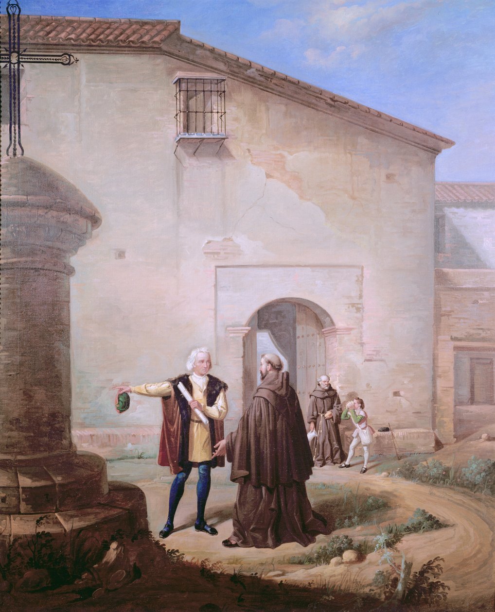 Františkánští bratři z kláštera Santa Maria de la Rabida dávají chléb a vodu Kryštofu Kolumbovi a jeho synovi Diegovi,, 1858 od Antonio Cabral Bejarano