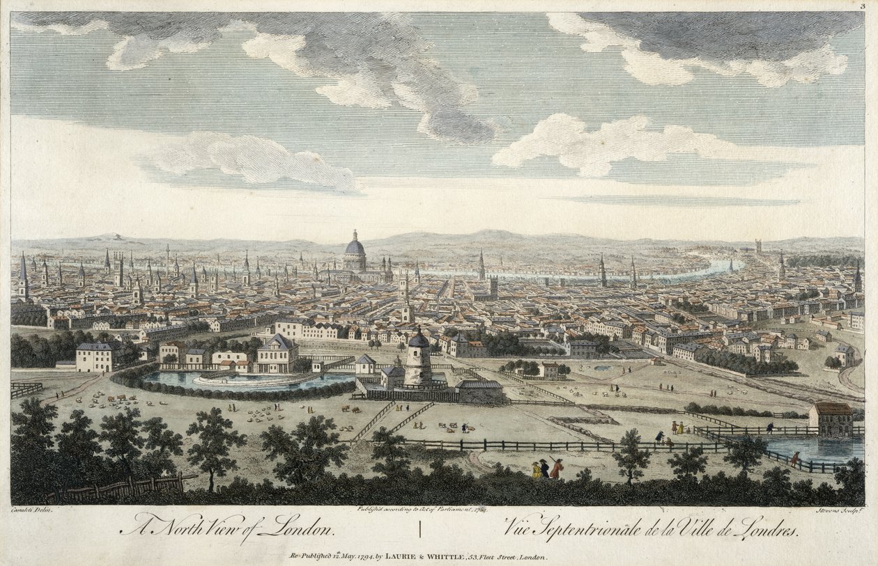 Severní pohled na Londýn, deska 3 z knihy "Views of London", rytina Stevens, vyd. Laurie a Whittle, 1794. od Giovanni Antonio Canal