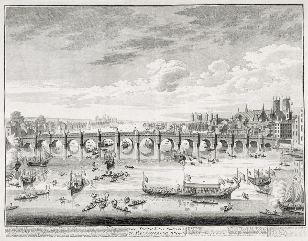 Jihovýchodní vyhlídka Westminsterského mostu - Lodě připlouvající do parlamentu pro přísahu sira Johna Barnarda (1685-1764) jako primátora města Londýna, 1747, vyryl R. Parr (1723-str. od Giovanni Antonio Canal