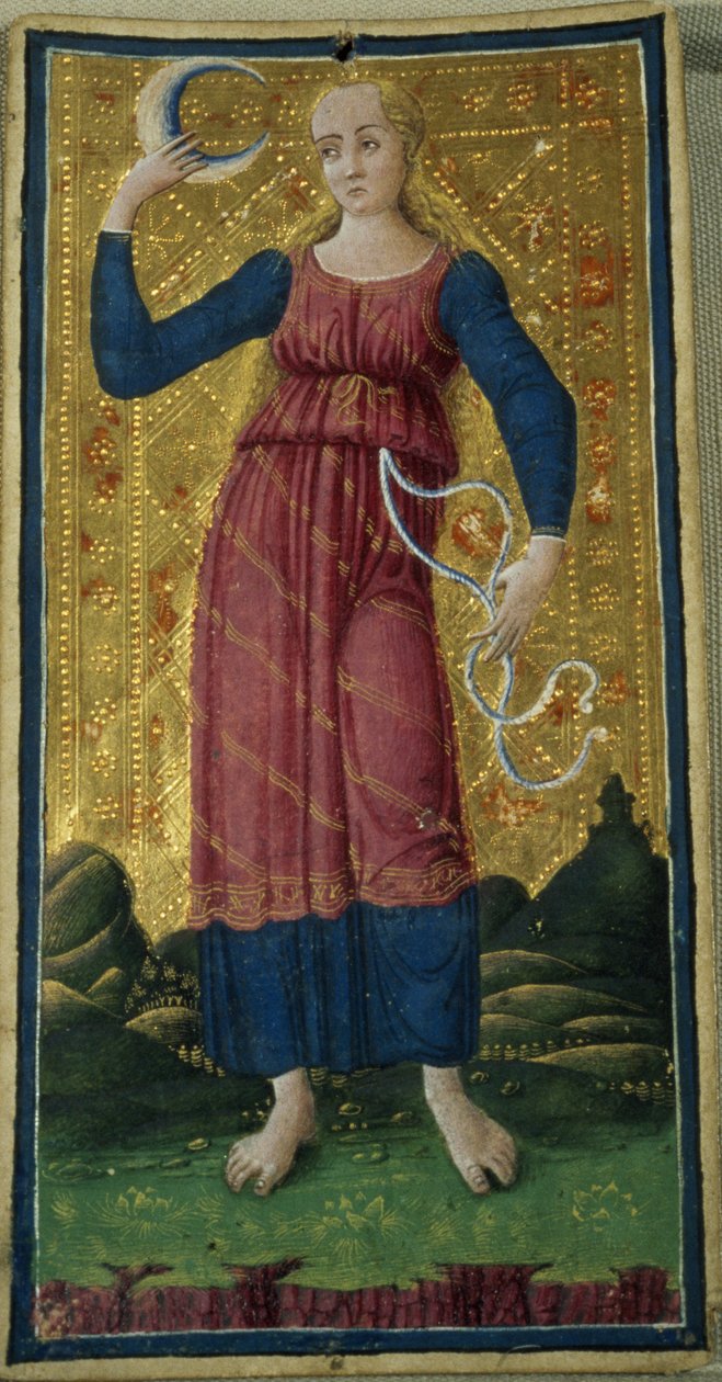 Měsíc, tarotová karta, asi 1490, (kvaš a zlacení na kartě) od Antonio Cicognara
