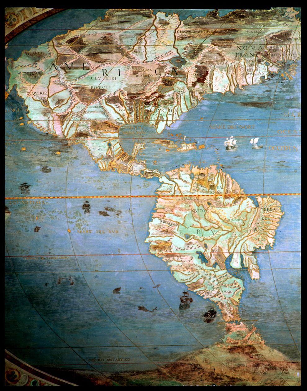 Mapa Severní a Jižní Ameriky, ze „Sala Del Mappamondo“ (Mapy Síně světa“, cca 1574-75 od Antonio Giovanni de Varese