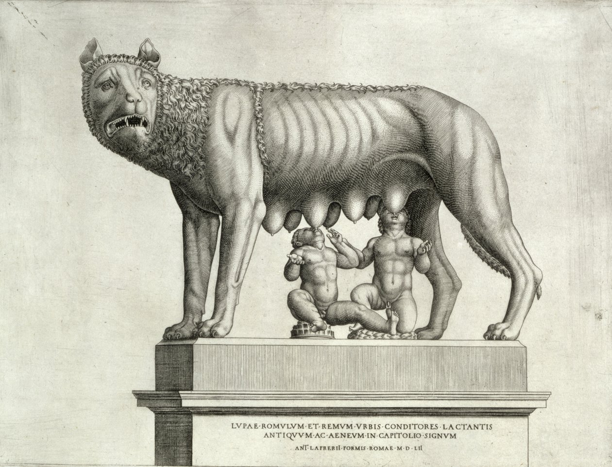 Kresba etruského bronzu vlčice kojící Romula a Rema, 5. století před naším letopočtem, v Kapitolském muzeu, 1552 od Antonio Lafreri