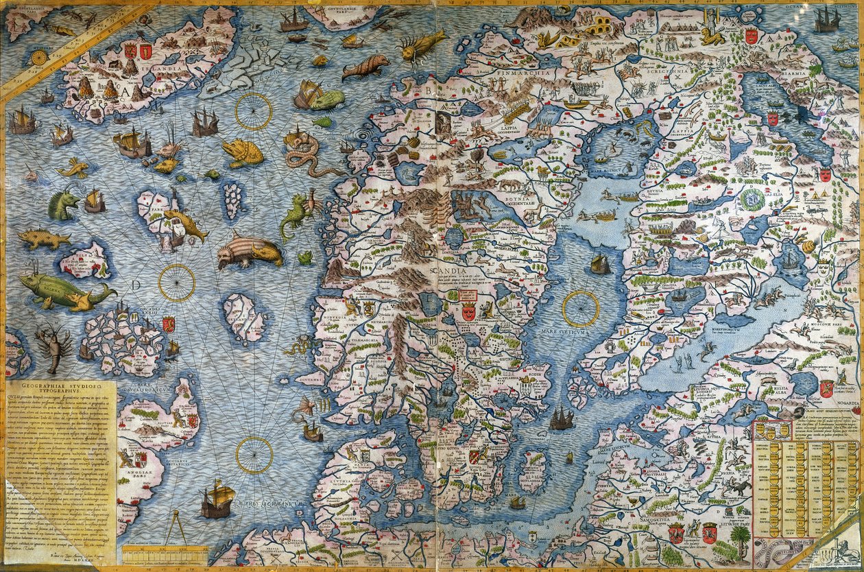 Skandinávie, detail z Carta Marina da Olaus Magnus, 1572 od Antonio Lafreri
