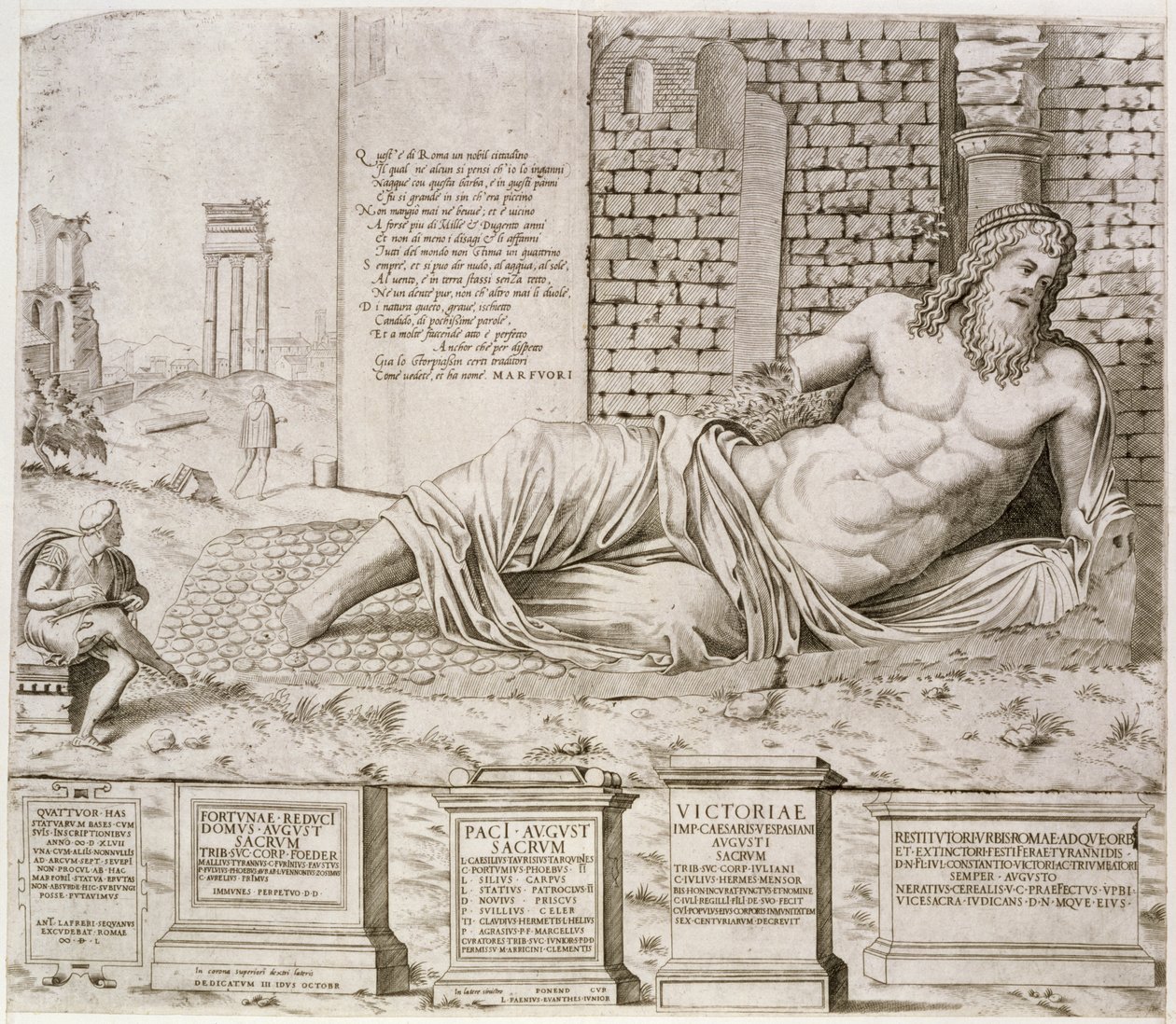 „Mluvící“ socha Marforio v Římě, vyrytá umělcem, 1550 od Antonio Lafreri