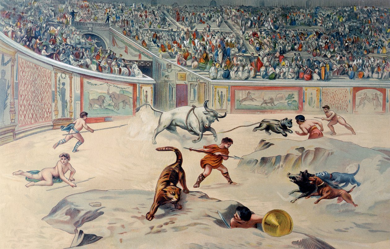 Gladiátoři bojující se zvířaty v cirku v Pompejích od Antonio Niccolini