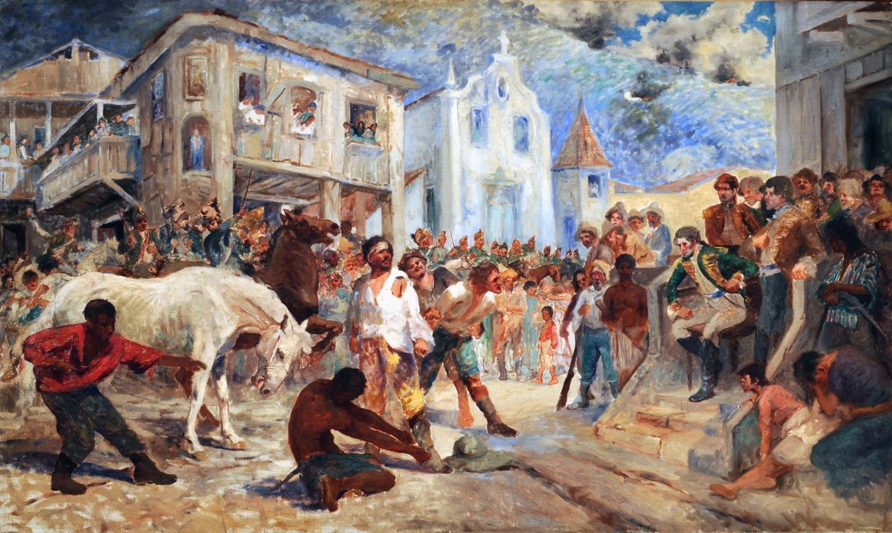 Trial of Filipe do Santos. Zobrazuje závěrečnou scénu vzpoury Filipe dos Santos, která se konala v roce 1720, ve Vila Rica, Minas Gerais, Brazílie od Antonio Parreiras