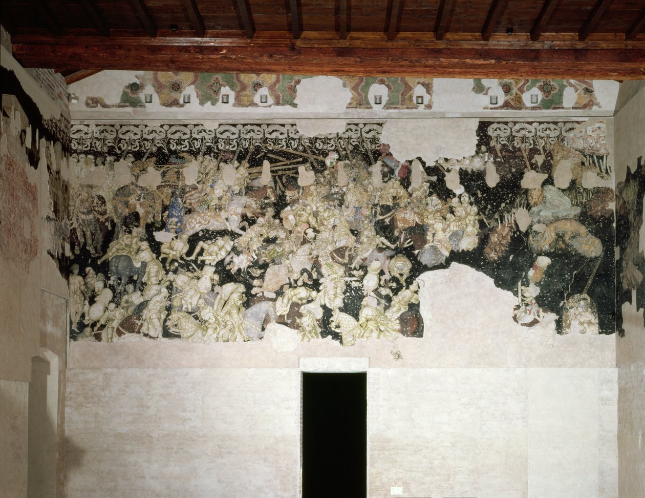 Bojový turnaj s lancasterským límcem SS s květy měsíčku, znak rodiny Gonzaga, ve vlysu nahoře fragment nástěnné malby ze Sala del Pisanello (dříve Sala dei Pr od Antonio Pisanello