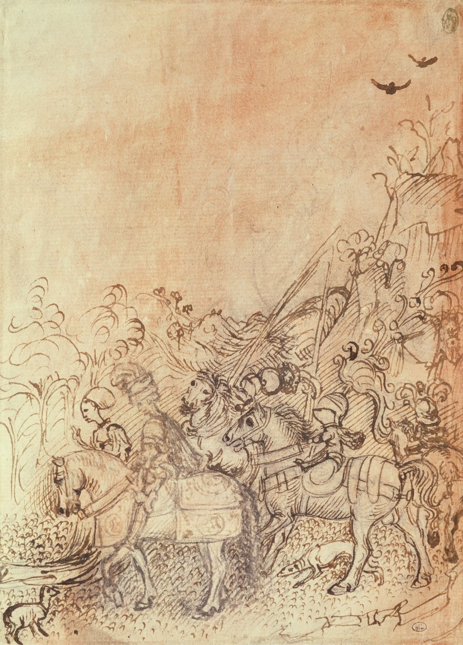Jan z Gonzague a jeho dvořané v hornaté krajině, z alba Vallardi od Antonio Pisanello