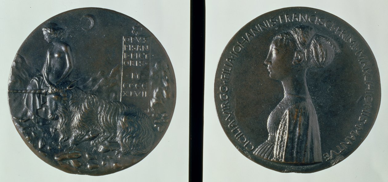 Portrétní medaile, na líci Cecilia Gonzaga, na rubu ženská postava a jednorožec, 1447 (bronz) od Antonio Pisanello