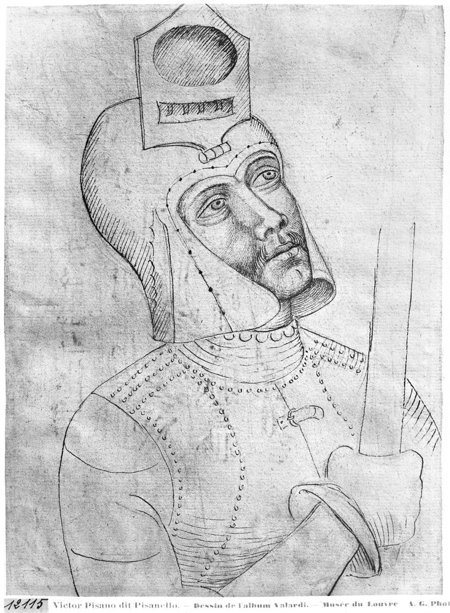 Voják v přilbě s kšiltem, z alba The Vallardi Album od Antonio Pisanello