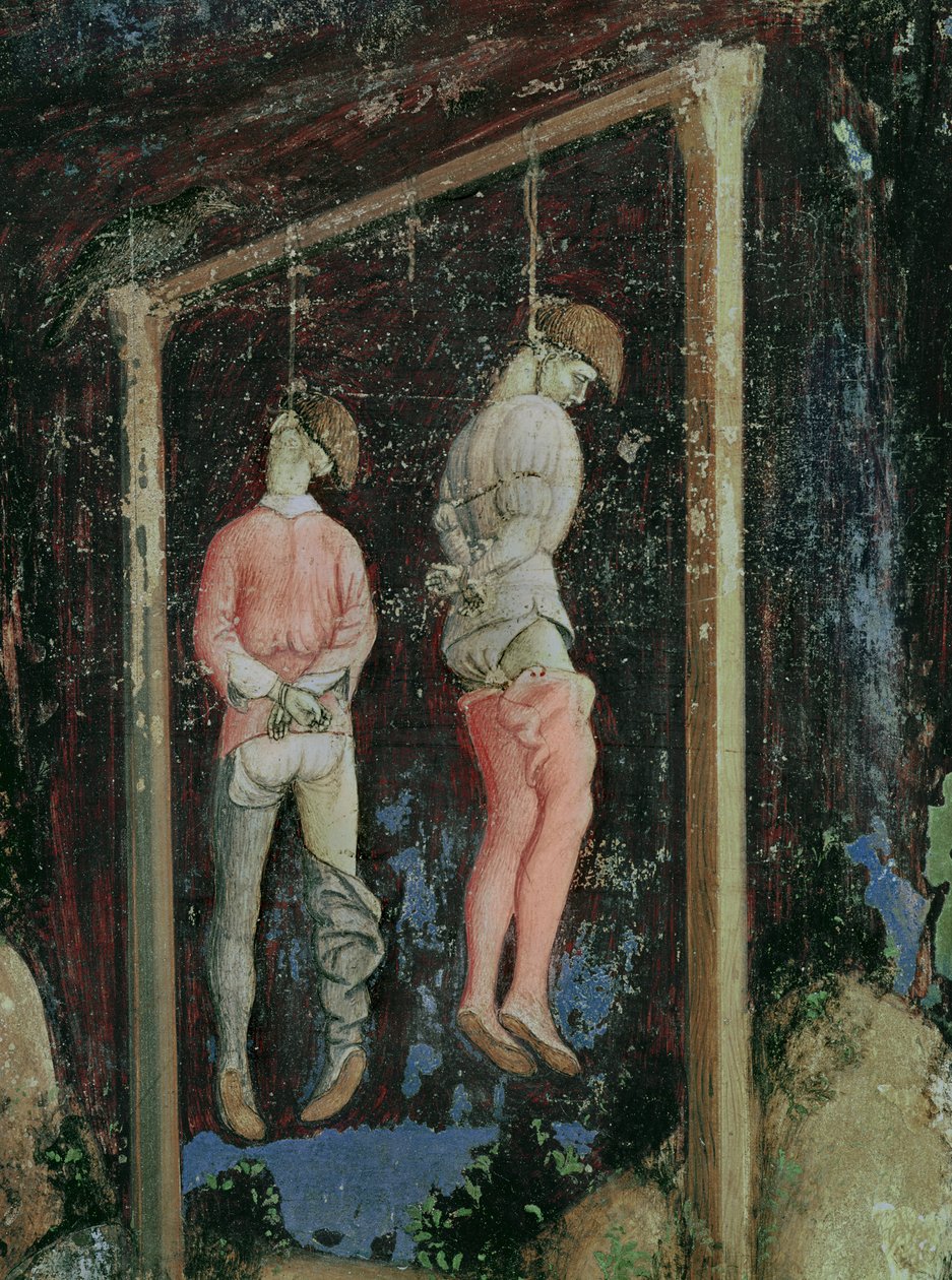 Svatý Jiří a princezna z Trebizondu, detail dvou visících mužů z levé strany, kolem 1433-38 od Antonio Pisanello