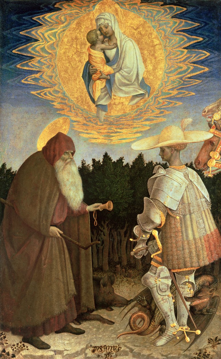 Panna s dítětem se svatým Jiřím a svatým Antonínem opatem (vaječná tempera na topolu) od Antonio Pisanello
