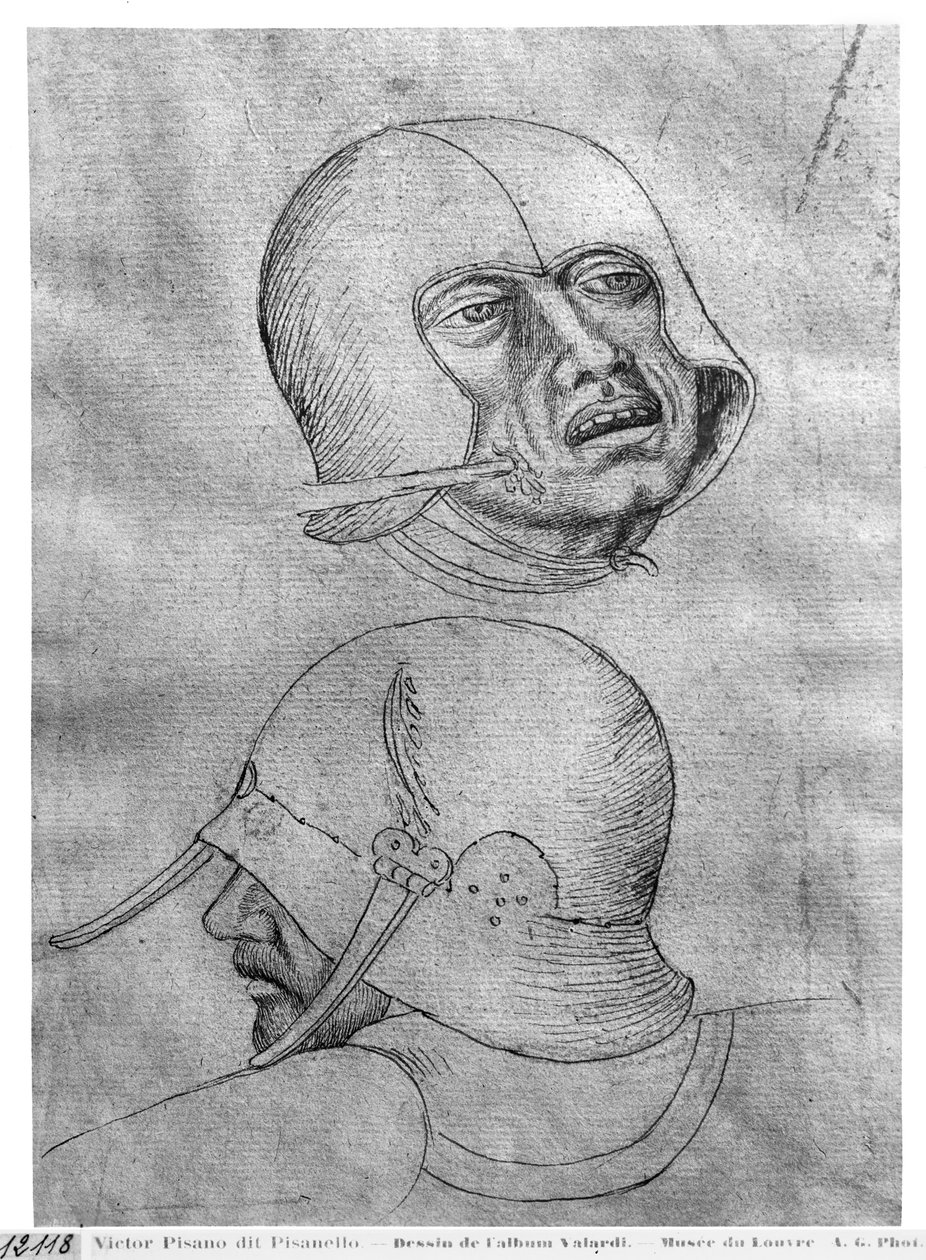 Dvě hlavy vojáků s helmami z alba Vallardi od Antonio Pisanello