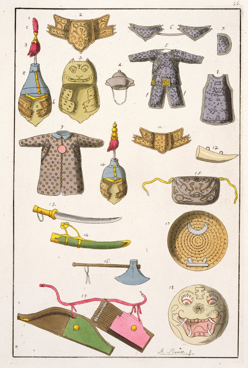 Čínské vojenské zbraně a oděvy, ilustrace z „Le Costume Ancien et Moderne“ od Giulia Ferraria, vydáno kolem 20.–30. let 19. století od Antonio Rancati