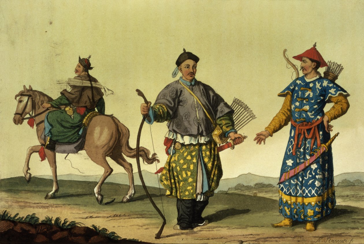 Mongolian Eight Flags vojáci z Chingových vojenských sil, vyryto A. Rancati (barevná rytina) od Antonio Rancati