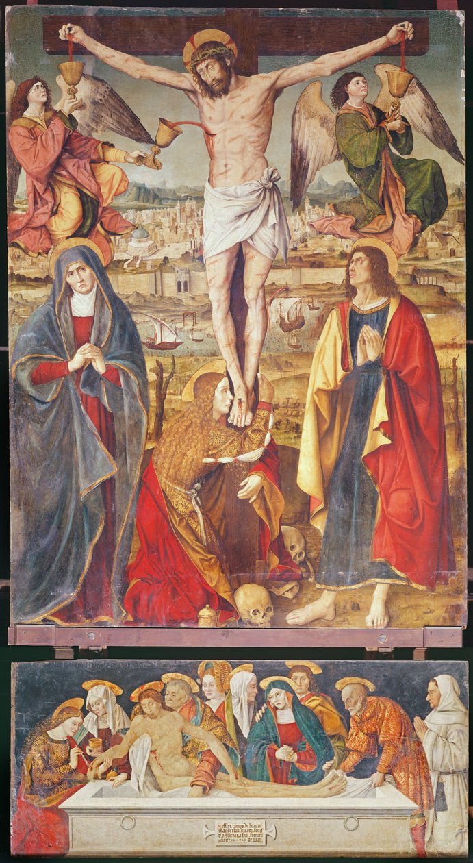Ukřižování a pohřbení, centrální panel Retable of the Passion, 1517-20 (tempera na panelu) od Antonio Ronzen