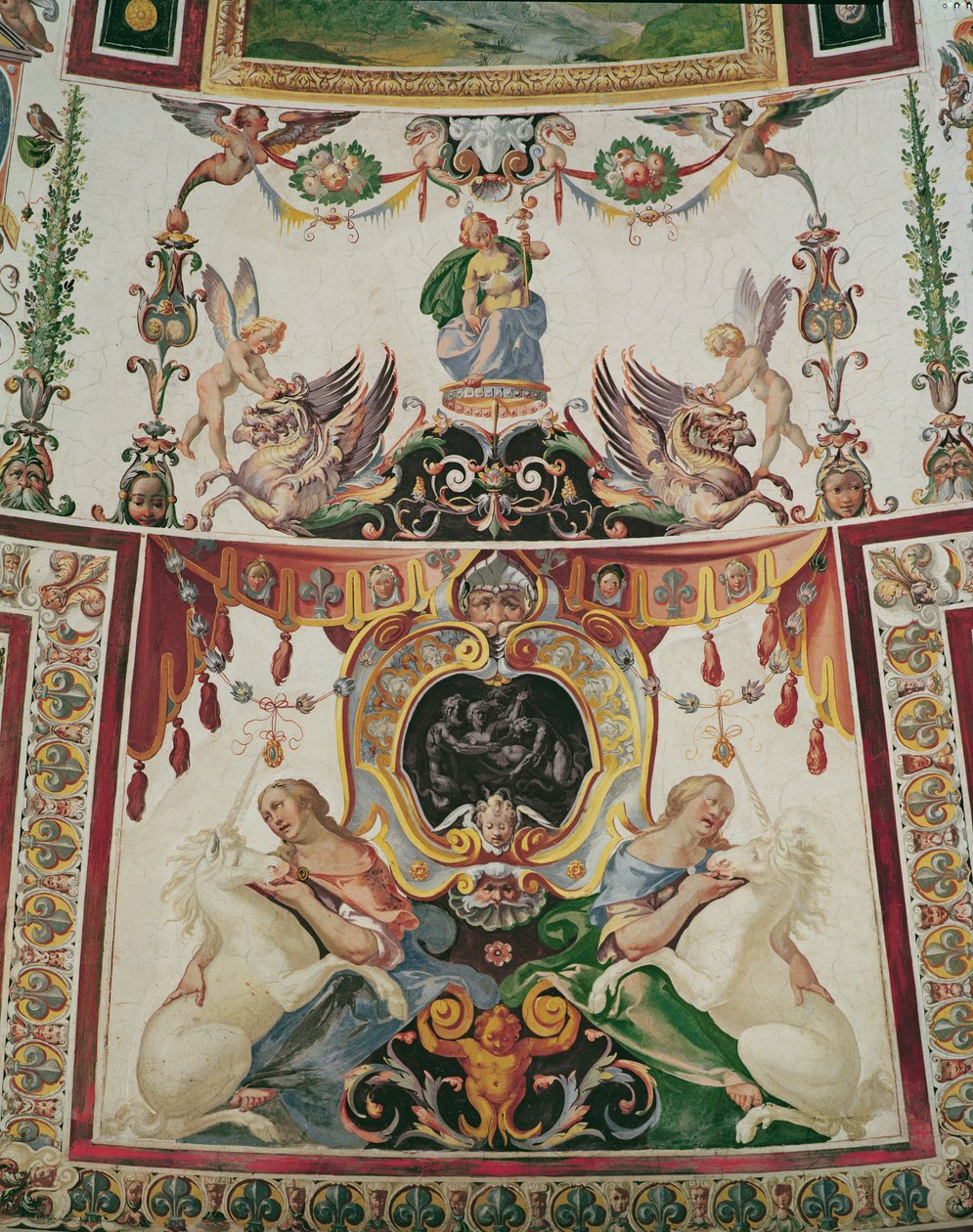 Detail výzdoby Scala Regia zobrazující fresku gryfů, jednorožců a alegorických postav od Antonio Tempesta
