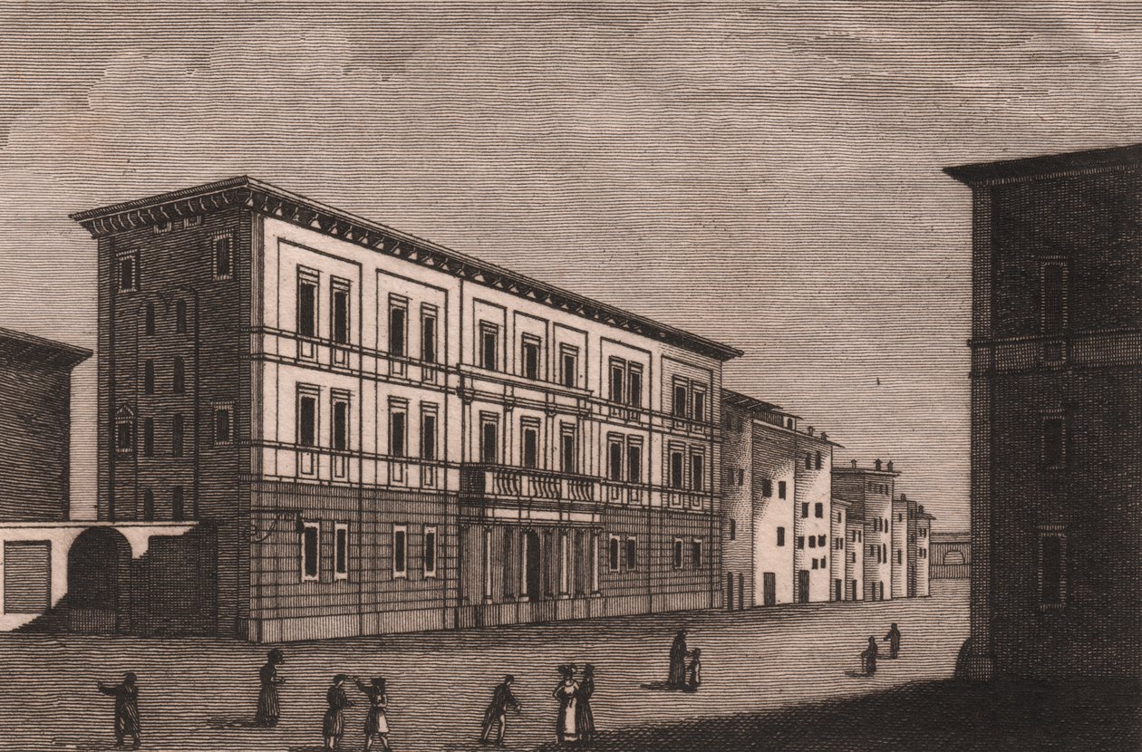 Pohled na biskupský palác v Pistoia, Toskánsko, Itálie, mědirytina Antonia Morghena (1788-1853), cca 13x9,5 cm od Antonio (1788 1853) Morghen