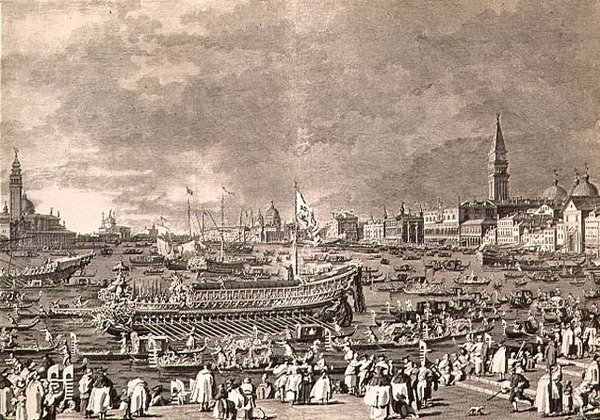 Vylodění dóžete na Bucintoro pro sňatek do moře, vyryto Giovanni Battista Brustolon (1712-96) (rytina) od Antonio (after) Canaletto