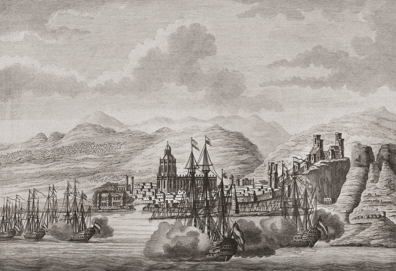 Holandská flotila u Malagy, Španělsko 1784 palebný pozdrav. (tisk) od Antonio (after) Suntach