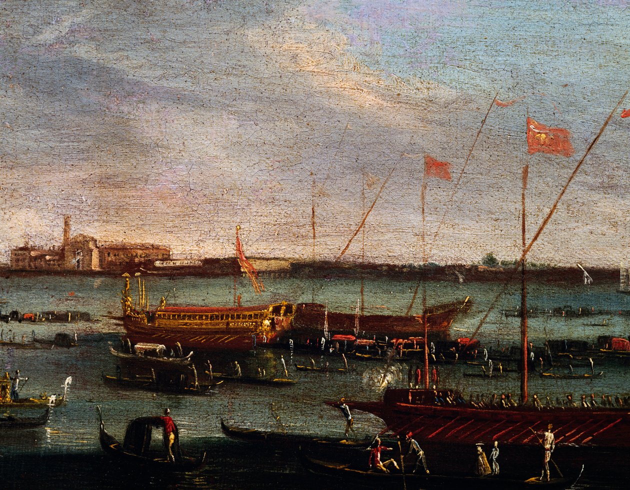Bucentaur (státní galéra benátských dóžů) na Lido v Benátkách, olej na plátně, škola Canaletto, Itálie od Antonio (studio of) Canaletto