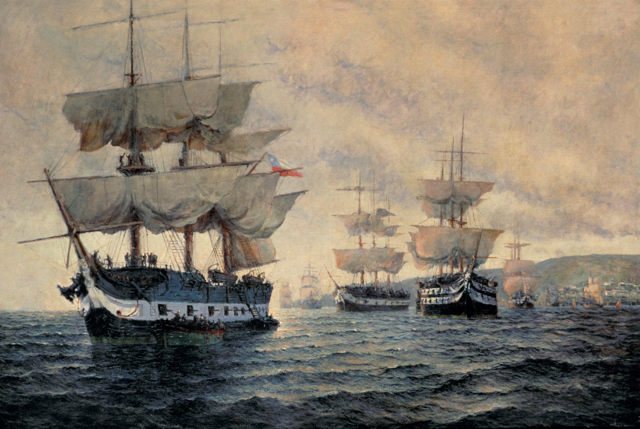 Nalodění osvobozující výpravy Peru dne 20. srpna 1820 pod velením generála kapitána Jose de San Martina (1778-1850) (olej na plátně) od Antonio A. Abel