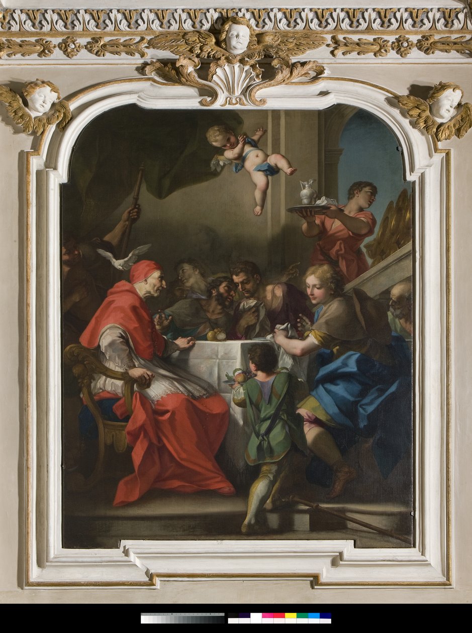 „“Svatý Gregoire Veliký u stolu s Ježíšem převlečeným do pelerinu““ Poblíž papeže, holubice Ducha svatého (Ducha svatého) 1729-1731 (obraz) od Antonio Balestra