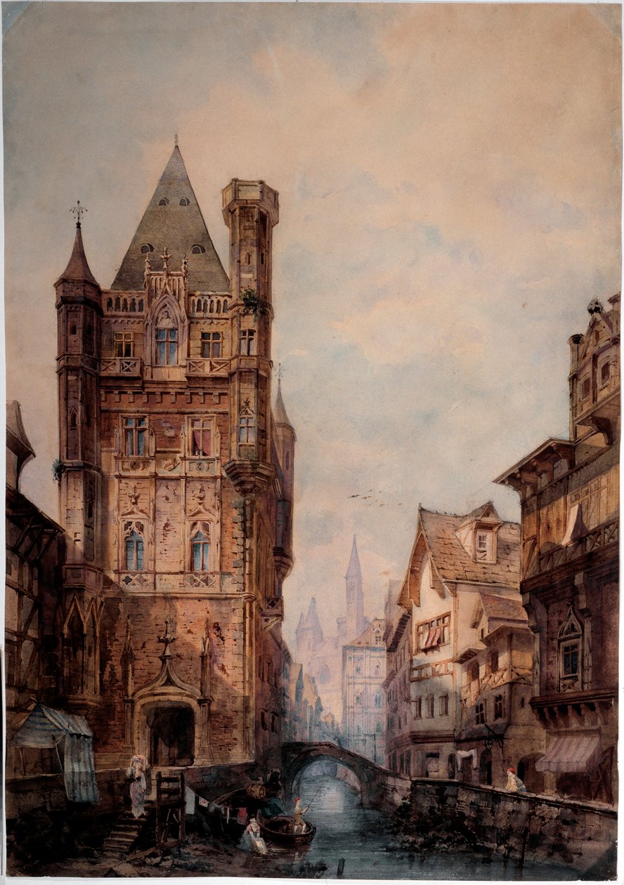 Pohled na kanál v normanském městě Akvarel od Antonia Bernasconiho (19. století) Rozměr 85x75 cm Genes, Galleria d