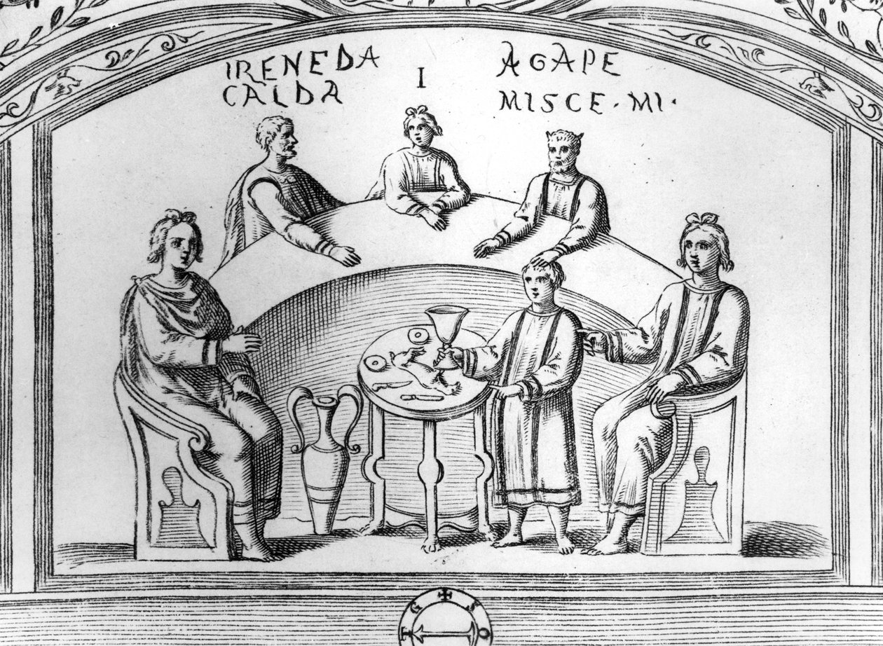 Scéna hostiny z raně křesťanské katakombové fresky v Římě, ilustrace z knihy "Roma Sotterranea" od Antonia Bossiho, vydané v Římě v roce 1632 (dřevoryt) od Antonio Bosio