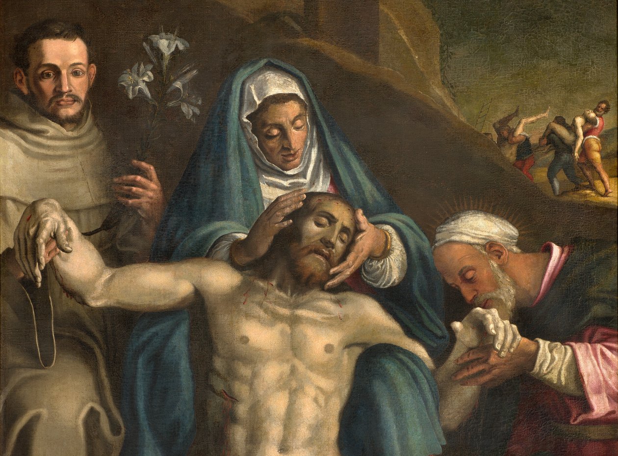 Severní transept, oltář depozice, depozice Krista podporovaná Pannou Marií a svatými Raymondem a Antonínem Paduánským, Antonio Campi 1566, detailní oltářní obraz od Antonio Campi