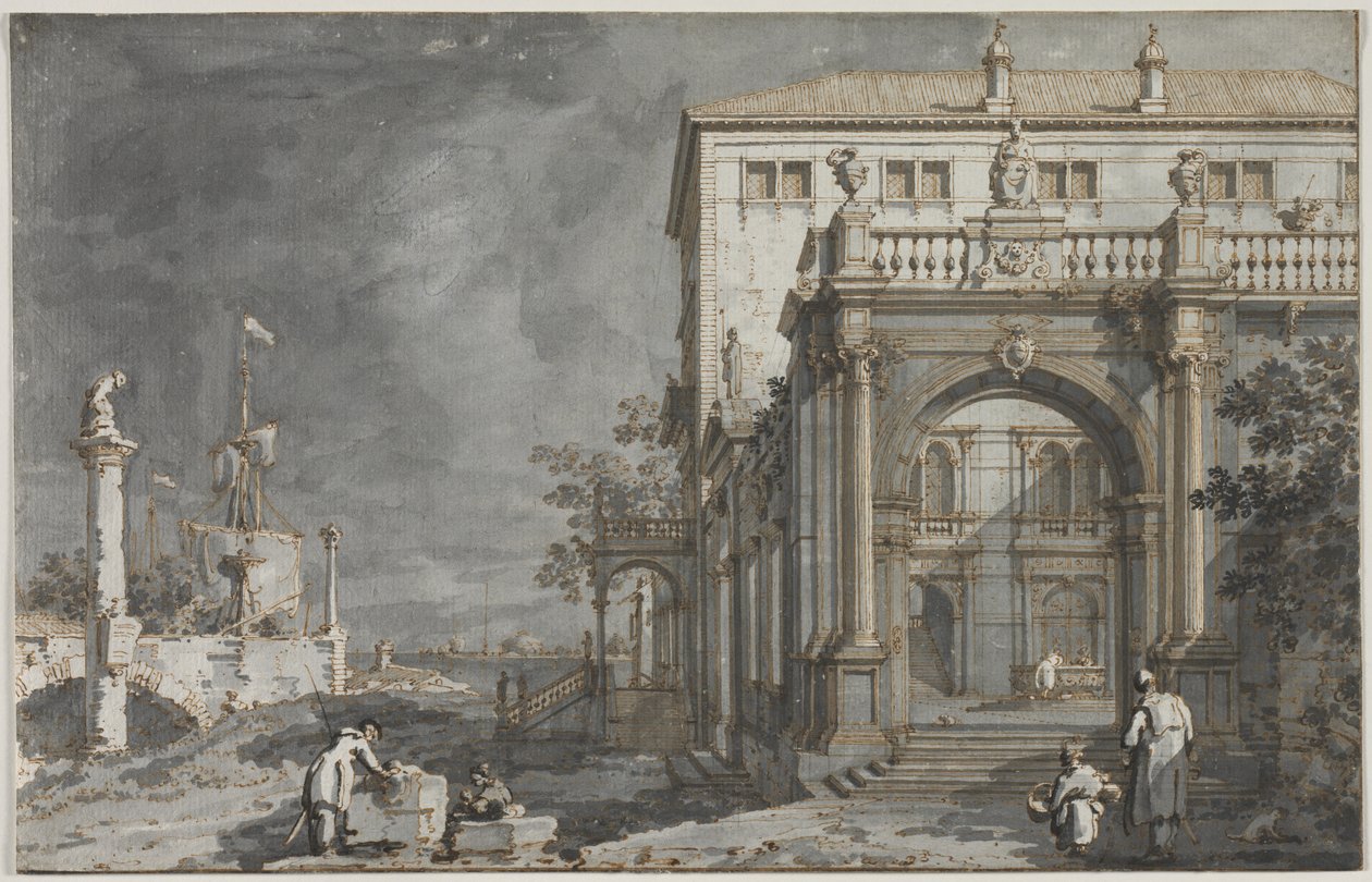 Capriccio: Palác s nádvořím u laguny od Antonio Canaletto
