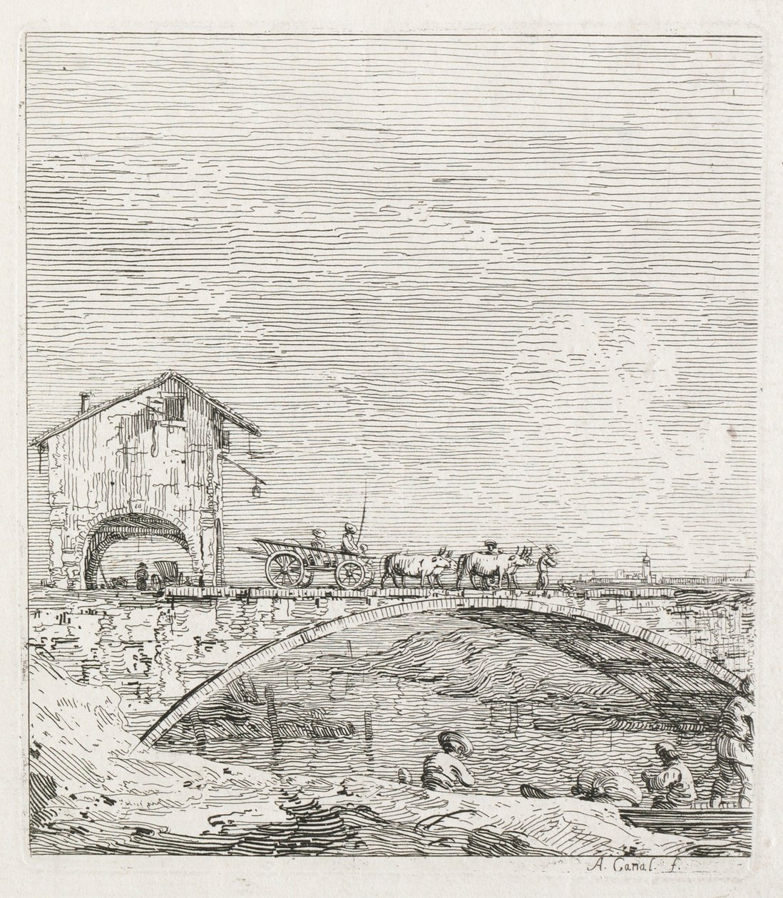 Pohledy: Vůz projíždějící přes most, 1735-1746. od Giovanni Antonio Canal