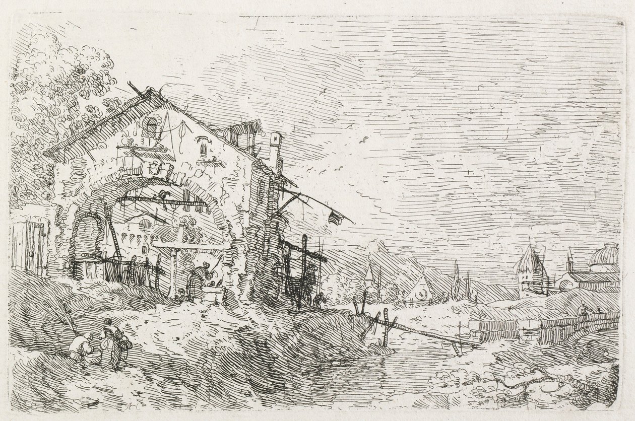 Pohledy: Žena čerpající vodu pod obloukem, 1735-1746. od Giovanni Antonio Canal