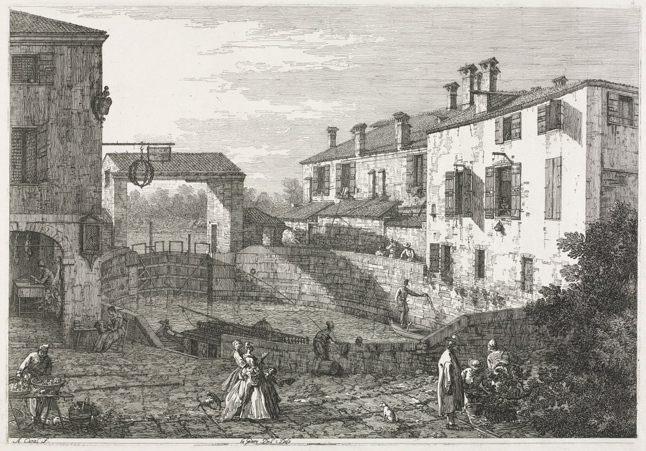 Pohledy: Zdymadlo kanálu v Dolo od Antonio Canaletto