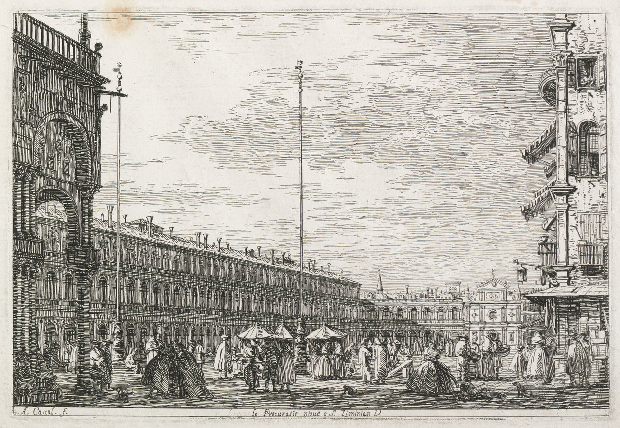 Pohledy: Prokurátorský palác a kostel sv. Géminiena, Benátky od Antonio Canaletto