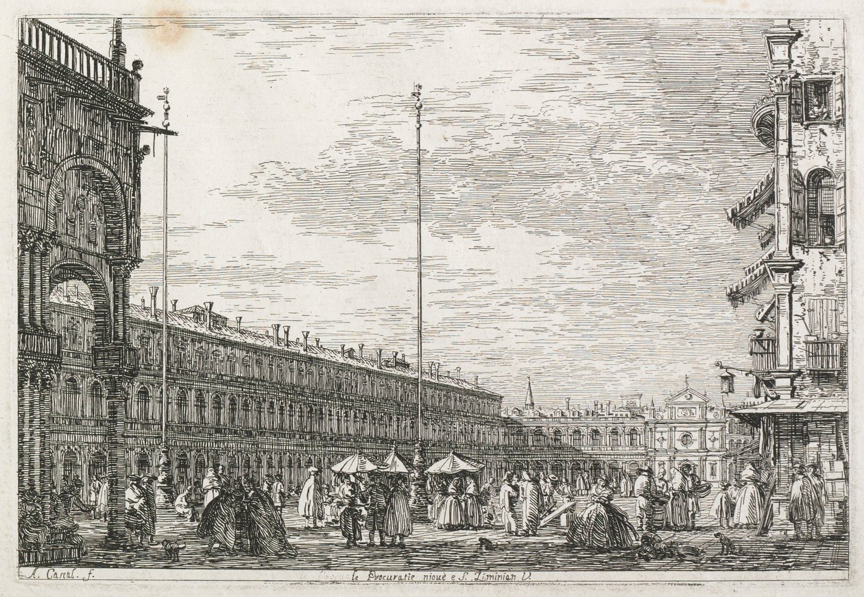 Pohledy: Prokurátorský palác a kostel sv. Géminiena, Benátky, 1735-1746. od Giovanni Antonio Canal