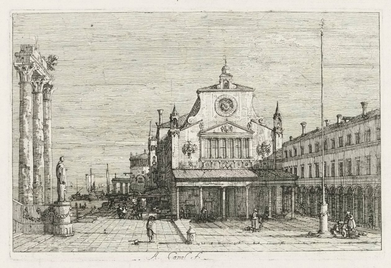 Pohledy: Tři sloupy a socha na mořském pobřeží od Antonio Canaletto