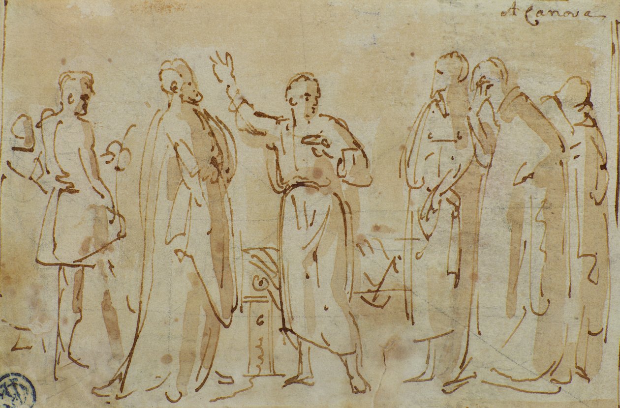 Socrates Drinks the Cup of Hemlock, kolem 1787 (pero a inkoust se sépií na papíře) od Antonio Canova