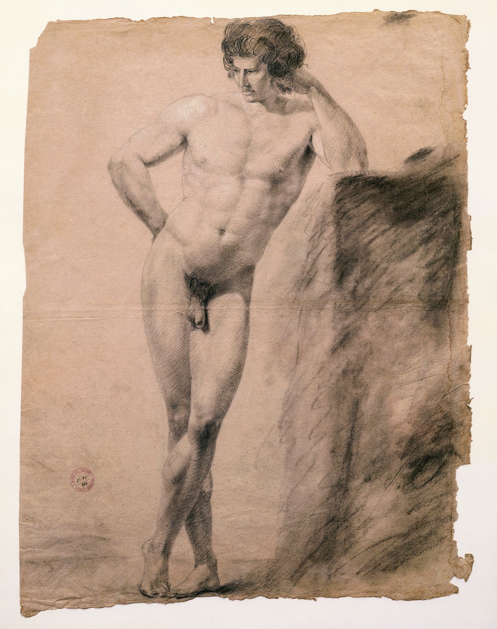 Studie mužského aktu opírajícího se o sokl od Antonia Canova (1757-1822), kresba od Antonio Canova