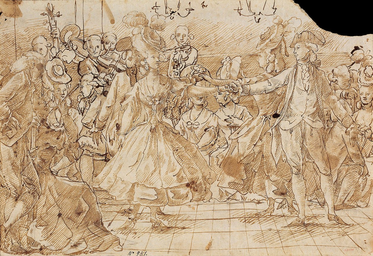 ""Minuet"" - dílo Antonia Casanovase Torrentse (1752-1796) Menuet Pen, hnědý tuš na papíře c. 1780 Národní muzeum umění Katalánska, Barcelona 20,9x30 od Antonio Casanovas i Torrents
